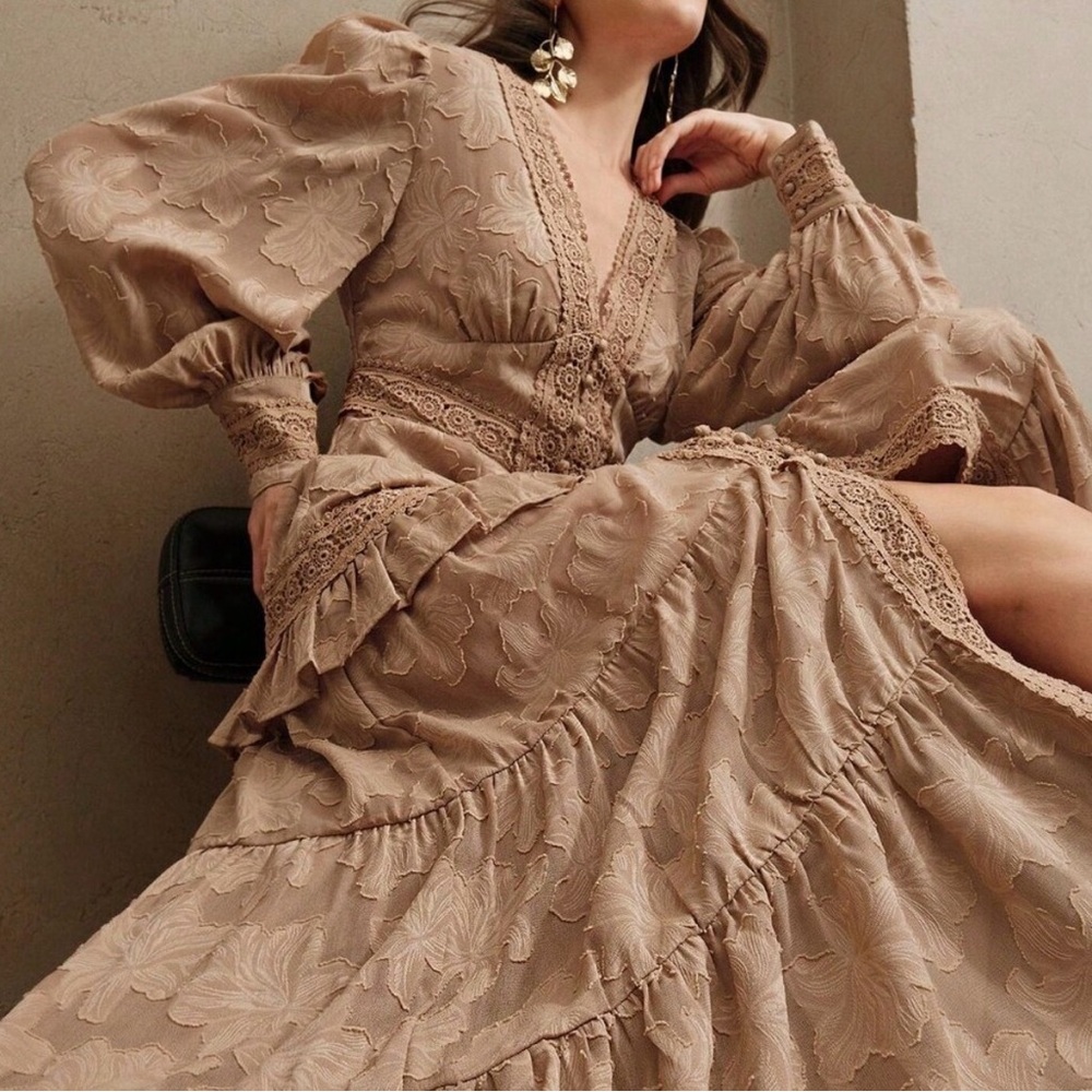 Khaki Elegant Womens Ruched V-Neck Puff Sleeve Slim Fit Maxi Dress
